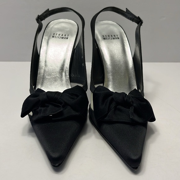 Stuart Weitzman Babe Black Satin Heels, size 8 slingback, bow front with mesh - Picture 3 of 12